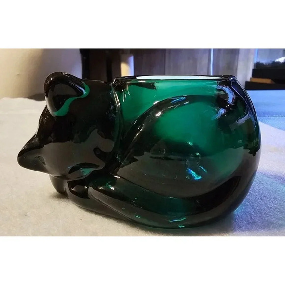 Vintage Indiana Glass Emerald Green Sleeping Cat Votive Tea Light Holder - Picture 5 of 8